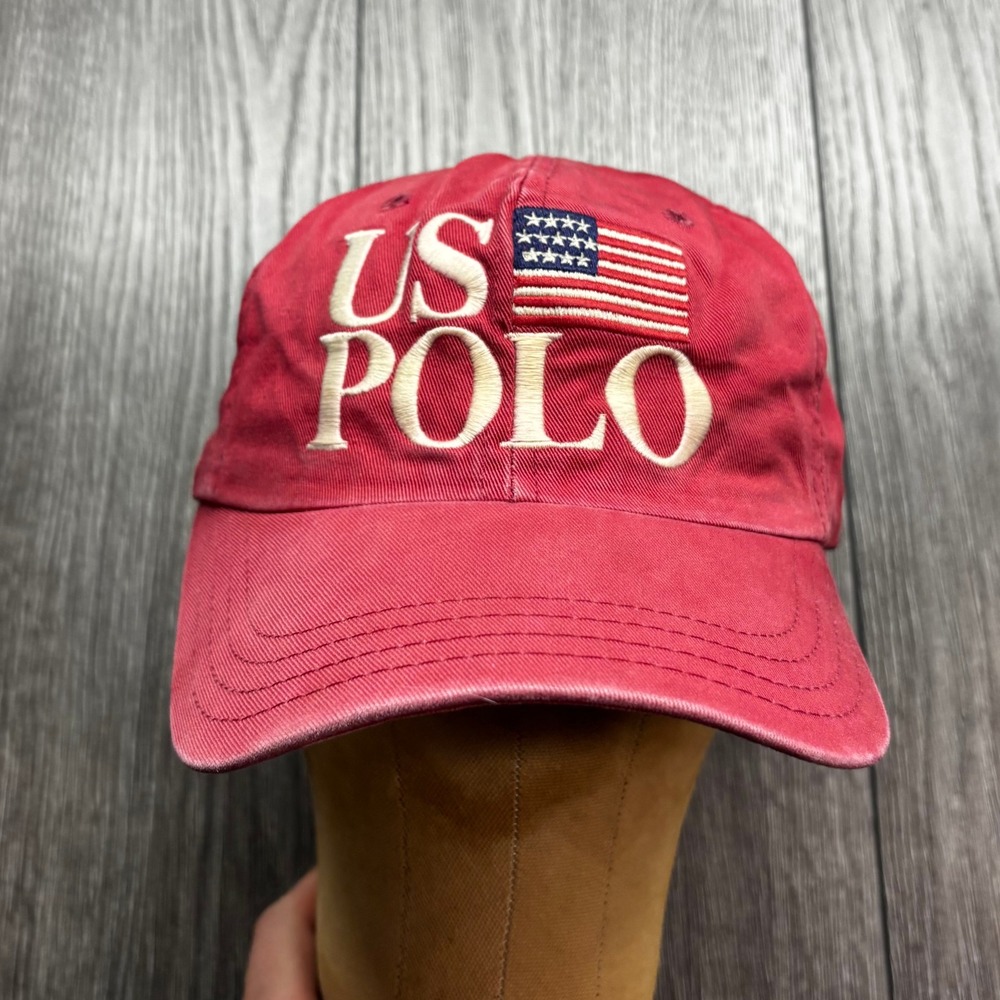 Vintage Polo Ralph Lauren US Polo American Flag Hat Red Faded Strapback Cap